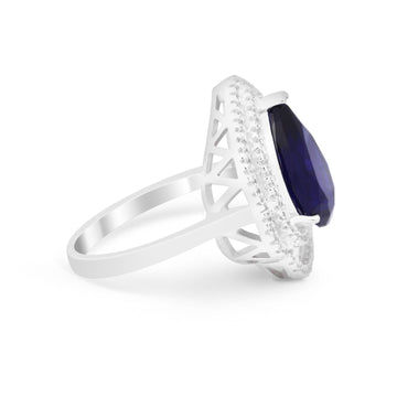Teardrop Wedding Ring Round Simulated Blue Sapphire CZ 925 Sterling Silver